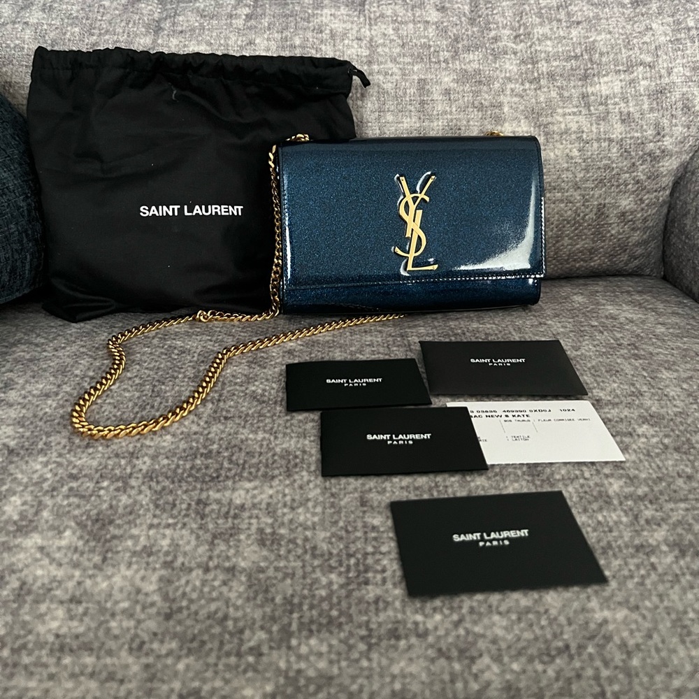 Saint Laurent YSL Classic Monogram Blue Crossbody Bag Glitter Patent Leather